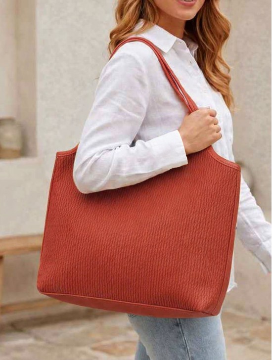 Faux Leather Ribbed Satchel Bag with Strap Faux Leather Ribbed Satchel Bag with Strap